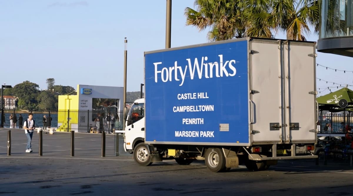 Forty Winks truck listing the Castle Hill, Campbelltown, Penrith and Marsden Park stores.