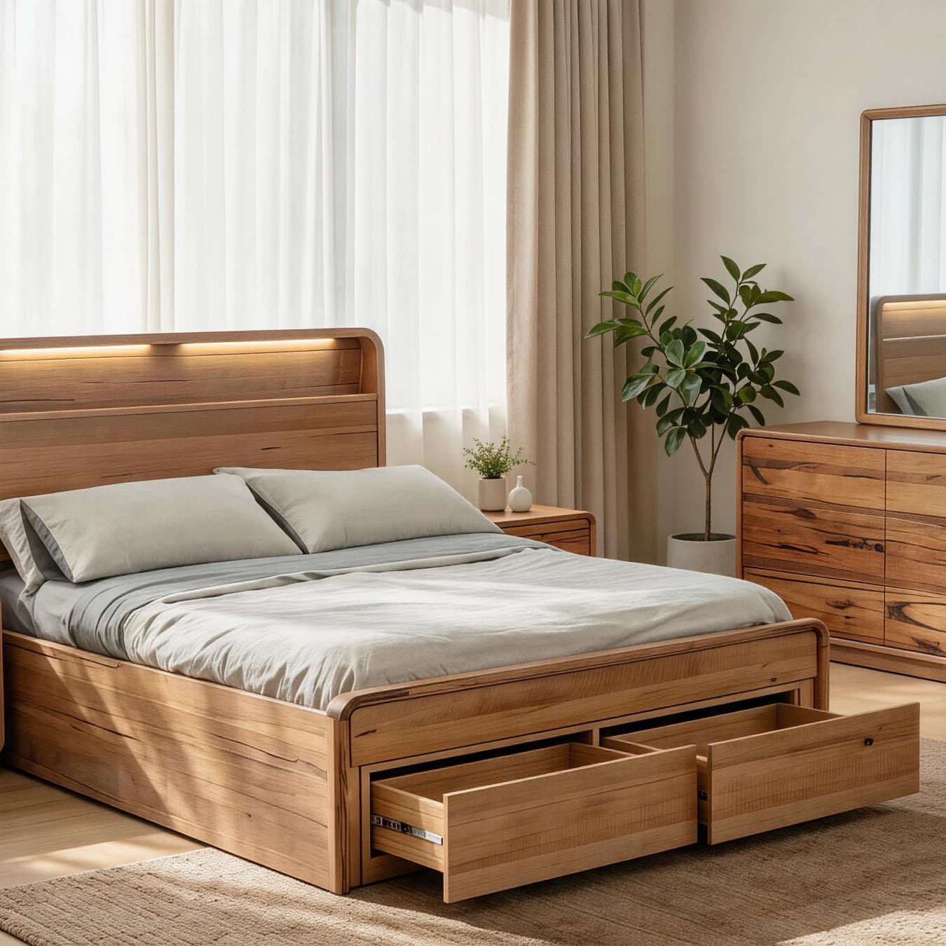 Lifestyle image of the Macquarie Bed Frame, W/ Bookend Headboard & Gas Lift & Footend Drawers Base, Natural from Forty Winks