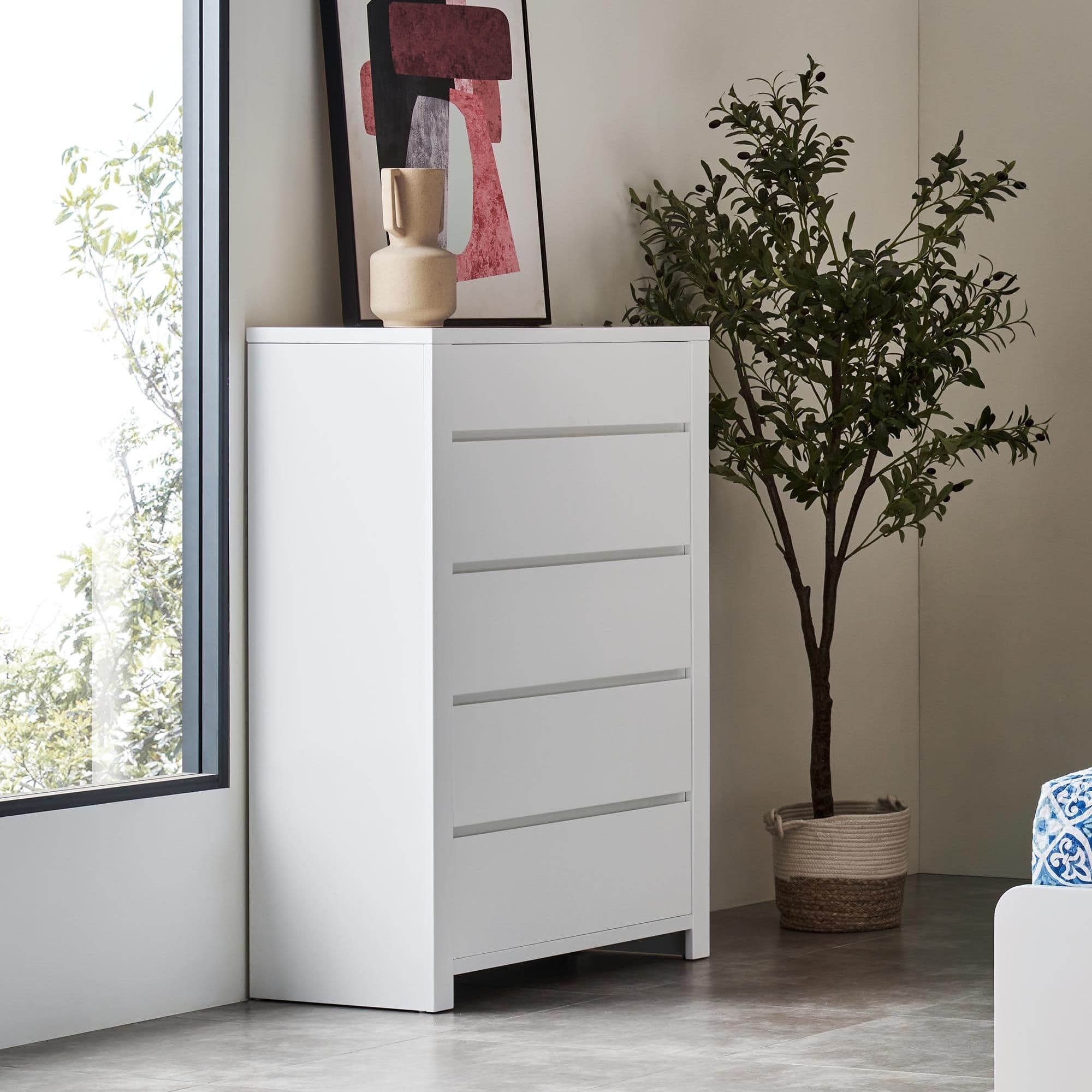 Lifestyle image of the Lugano Tallboy (5 Drawer), Ivory White from Forty Winks