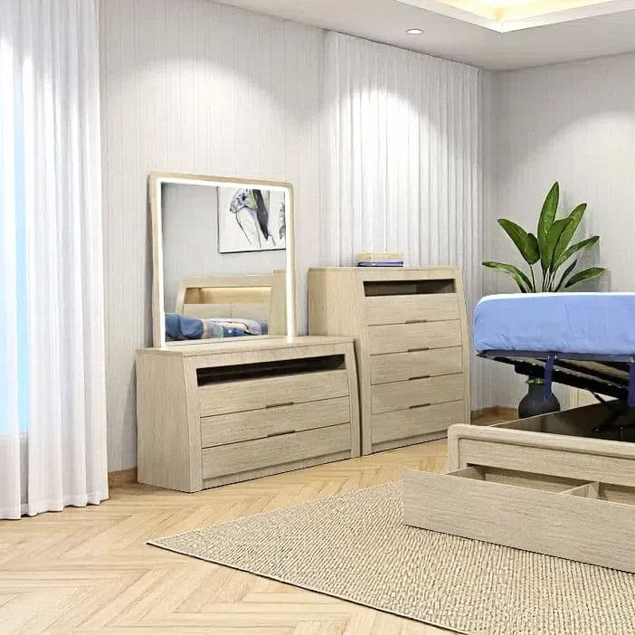 Lifestyle image of the Skyline Tallboy (5 Drawer), Sand from Forty Winks