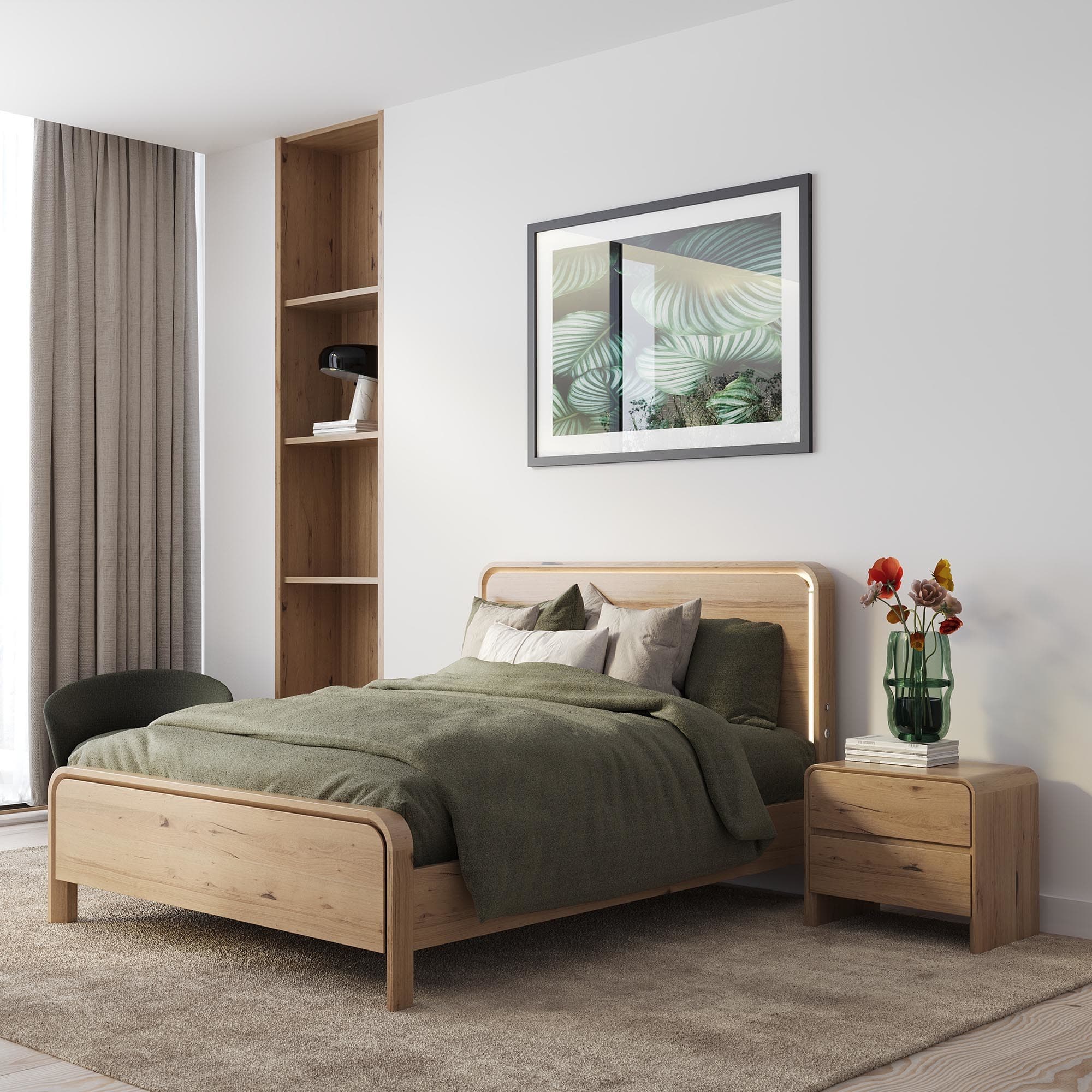 Lifestyle image of the Lena Bed Frame, W/ Led Headboard, Natural from Forty Winks