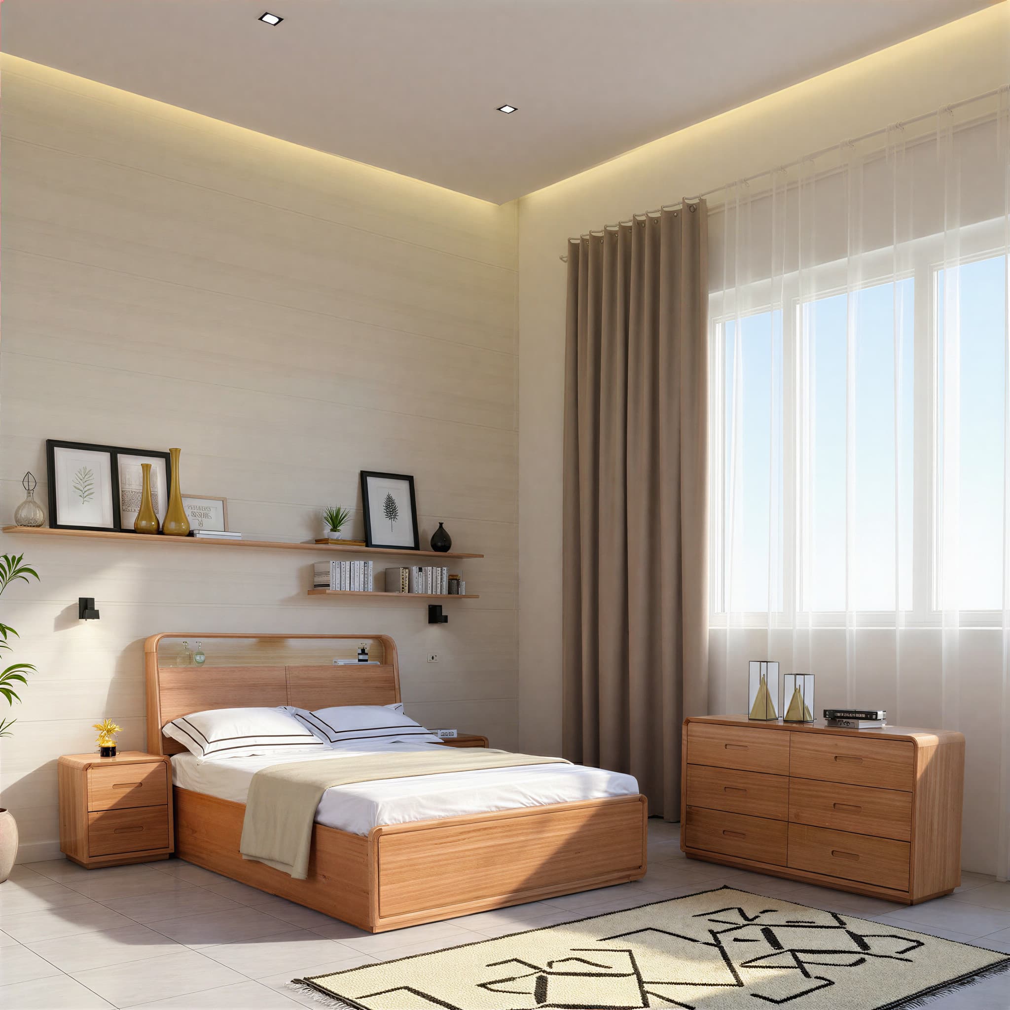Lifestyle image of the Valentine Bed Frame, W/ Bookend Headboard & Gas Lift Base, Natural from Forty Winks