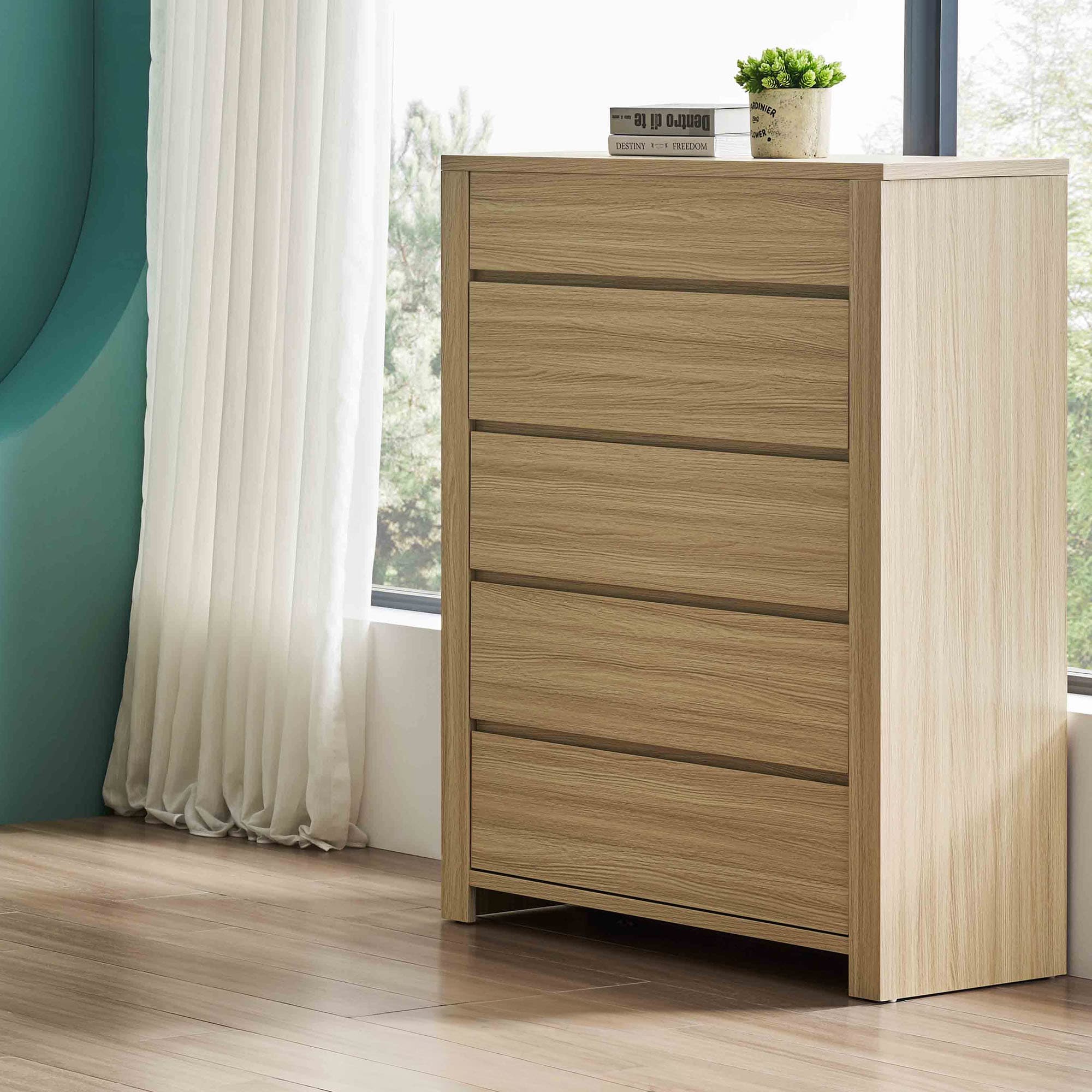 Lifestyle image of the Lugano Tallboy (5 Drawer), Alpine Oak from Forty Winks