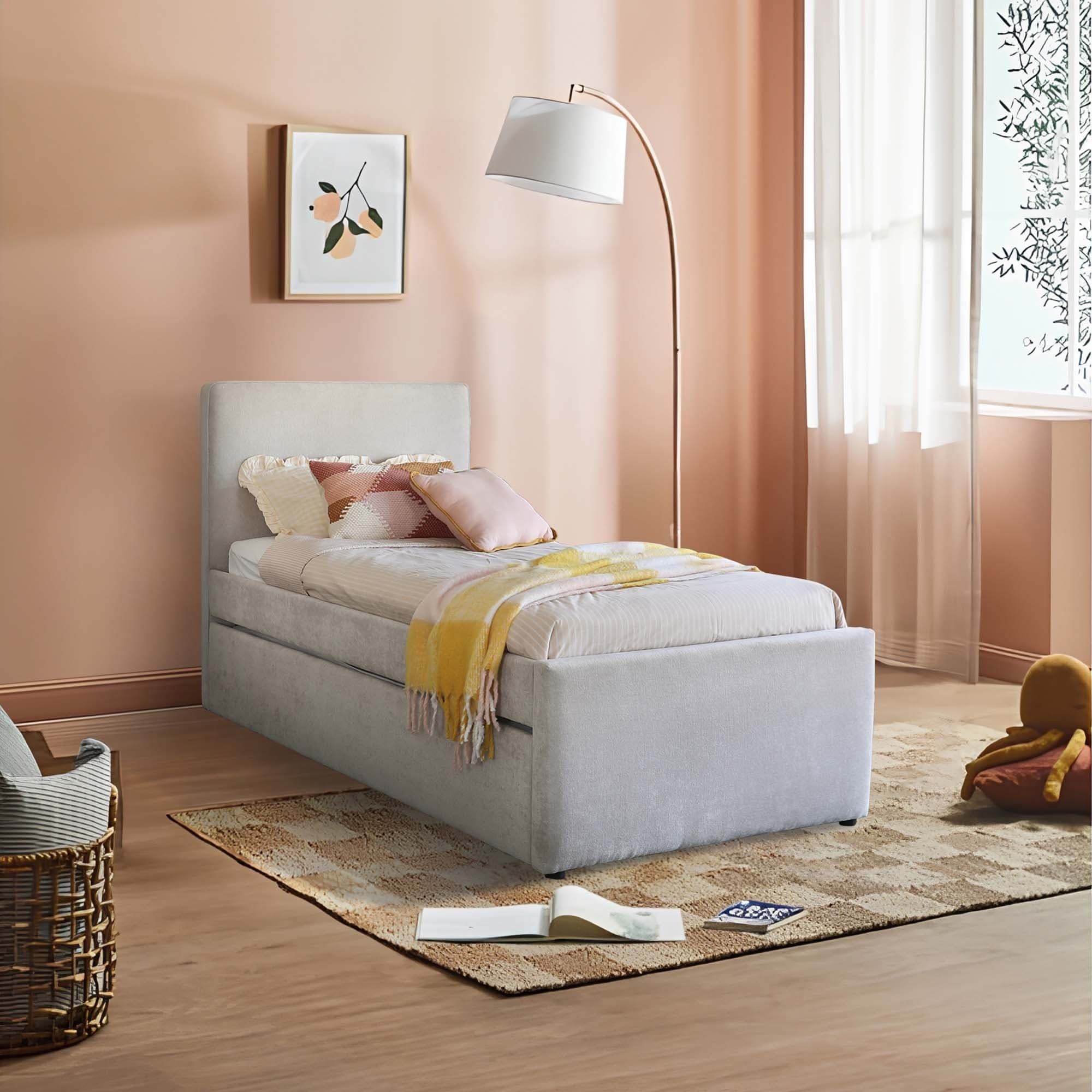Lifestyle image of the Orlando Bed Frame, Trundle Base, Stone from Forty Winks