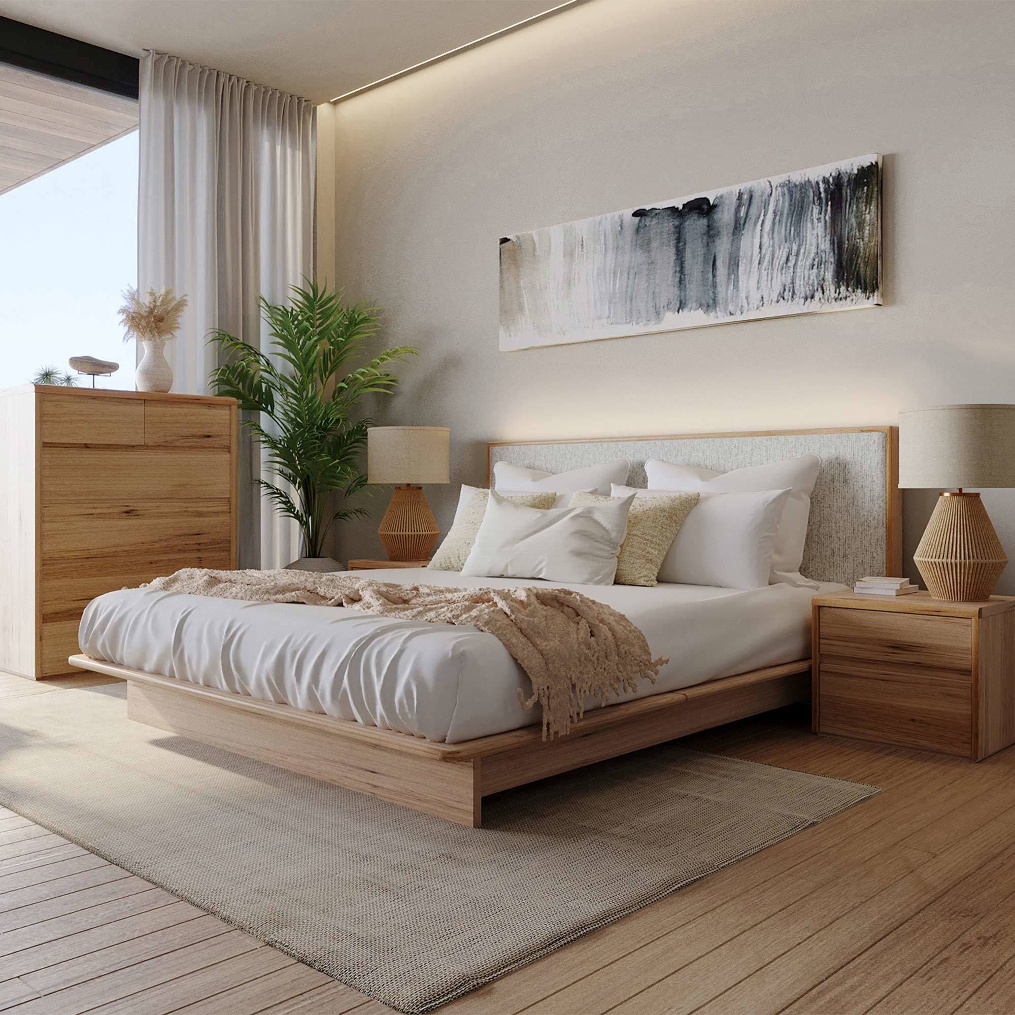 Lifestyle image of the Soho Bed Frame, W/ Narrow Headboard & Timber Base, Light Ash-Montague Alabaster from Forty Winks